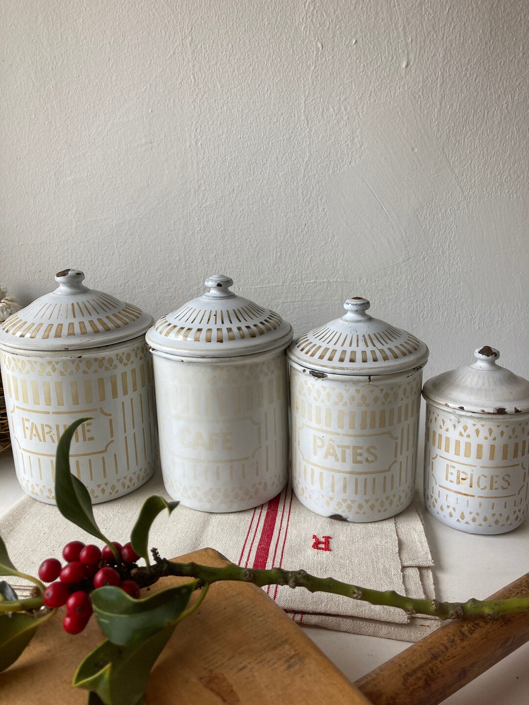 French Vintage Enamel Canisters Set of 4 White With Beige Etsy