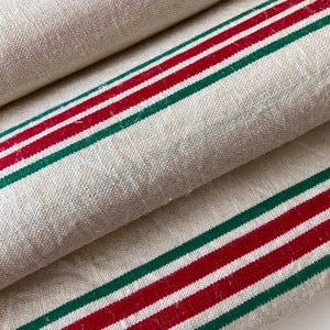 French Pure Linen, French Linen Tea TowelsGenerously Sized Natural White Linen Tea Towel with Red and Green Striped Detail, Hand Sewn Hems