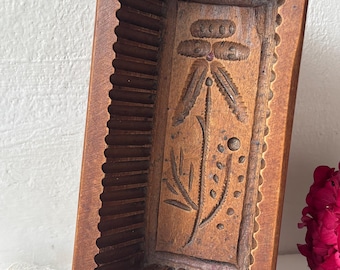 Forma de manteiga vintage francesa em madeira, prensa de manteiga em formato de feixe de trigo esculpido à mão, decoração rústica para cozinha de fazenda, arte folclórica rústica.