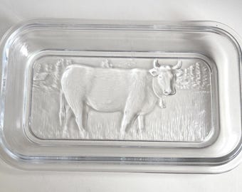 Vintage French Glass Butter Dish with Cow Motif Lid, Farmhouse Kitchen Decor