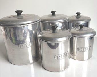 Vintage Aluminium Kitchen Canister Set, Spice Jars, Kitchen Containers