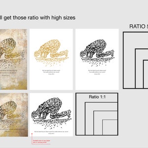 May include: Art prints featuring Islamic calligraphy in various colors, including gold and black, depicting a person in prayer. The prints showcase different aspect ratios and sizes, with text in English and Arabic. The image also includes size guides.