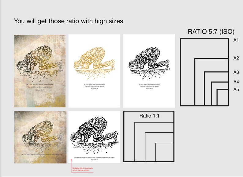 May include: Art prints featuring Islamic calligraphy in various colors, including gold and black, depicting a person in prayer. The prints showcase different aspect ratios and sizes, with text in English and Arabic. The image also includes size guides.