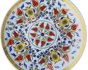 Piatto da parete dorato decorativo fatto a mano in ceramica turca Iznik Cini da 10" - 25 cm Dipinto a mano