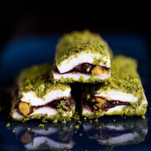 Whole pistachio and chocolate layered soft Turkish delight | Loukoumi | Turkish confection