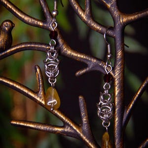 Handmade gift earrings &quot;Persephone&#39;s Torches&quot;, greek pagan devotional stainless steel chainmail jewelry, natural crystals, gothic fantasy