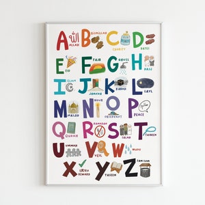 Islamic Alphabet Poster, Islamic Gift, Islamic Digital Download, Eid Gift, Ramadan Gift, Kids Room Decor, Nursery Wall Decor, Muslim, Islam