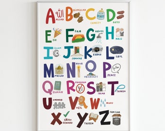 Islamic Alphabet Poster, Islamic Gift, Islamic Digital Download, Eid Gift, Ramadan Gift, Kids Room Decor, Nursery Wall Decor, Muslim, Islam