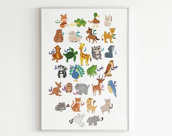 Arabic Alphabet Poster, Arabic Wall Art, Digital Download, Kids Room Decor, Playroom Wall Decor, Nursery Wall Decor, Arabic Letters, Animals