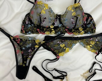 Black Sheer Floral Embroidered 4-Piece Lingerie Set l Gift For her | Adjustable Panty | Adjustable Garter Belt | Thigh Straps