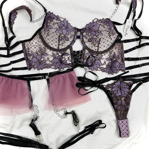 Lilac Floral Embroidered 4-Piece Lingerie Set | Double Strap Bustier top | Adjustable Thong | Garter Belt | Thigh  Straps | Gift for her