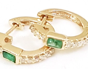Diamond Huggie Earrings, Emerald Diamond Hoop Earrings, Emerald Baguette Hoop Earrings, Daily Wear Diamond Hoop Earrings, Christmas Jewelry