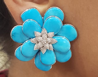 Diamond Pave Turquoise Flower Stud Earrings: Sterling Silver Jewelry