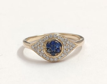 Diamond Evil Eye Gold Ring Sieraden, 14K Geel Gouden Ring, Blauwe Saffier Diamanten Ring, Pave Diamond Ring, Full Cut Diamond Ring, Handgemaakte Ring