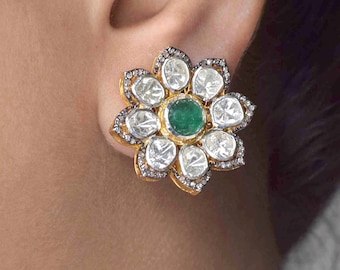 Emerald Polki Diamond Stud Earrings: Handmade Floral Jewelry