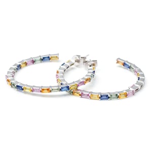 Multi Sapphire Hoop Earrings: Sterling Silver Baguette Gemstone Hoops