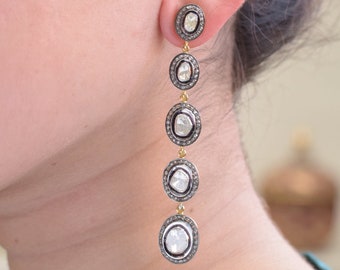 Vintage Style Polki Diamond Long Earrings: Handmade Sterling Silver