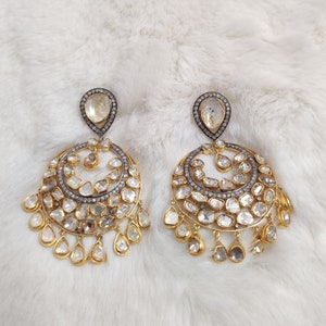 Boucles d&#39;oreilles polki diamants Chand Bali faites main : bijoux indiens en argent sterling