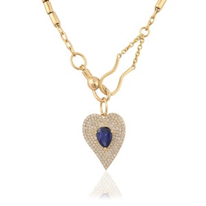 Pingente de coração de diamante com microconjunto de ouro 14K, pingente de coração com safira azul natural, colar com pingente para presente de dia das mães