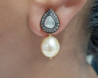 Handmade Sterling Silver Polki Diamond Pearl Earrings: Rose Cut Gemstone Jewelry