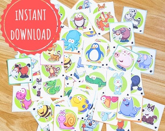 Mix & Match Cartoon Animals Printable Flash Cards Memory Game Kids Learning Education