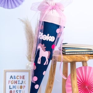 Schultüte Pferd personalisiert aus Musselin - blau, rosa mit Name | Handgemachte Stoff-Zuckertüte zur Einschulung für Mädchen (70 cm)