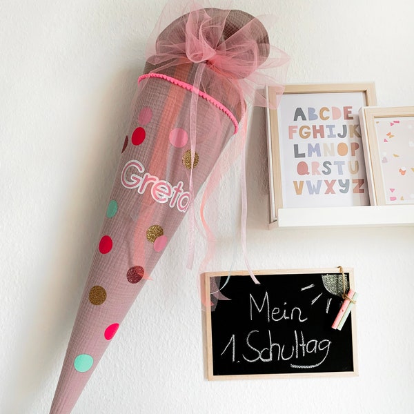 Schultüte Musselin, rosa, personalisiert mit Name, Einschulung, pink, Konfetti, Schultüte für Mädchen, 70 cm, Stoff, Schulkind