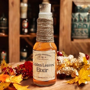 Golden Leaves Elixir | Handmade Decorative Magic Potion – Magic Bottle | Fantasy Decoration, LARP Accessory | Wizard Magic Potion