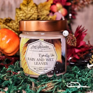 Op de afbeelding: Een glazen potkaars met een koperkleurig deksel en een etiket met de tekst "It smells like Rain and Wet Leaves". De kaars is omgeven door herfstbladeren, oranje fruit en groen mos. Gemaakt in Duitsland.