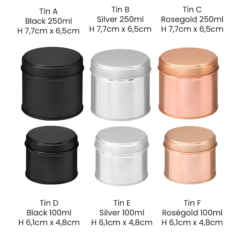 Pu&ograve; includere: Sei barattoli di metallo per candele in tre colori: nero, argento e oro rosa. I barattoli sono disponibili in due dimensioni: 250 ml e 100 ml. I barattoli pi&ugrave; grandi misurano 7,7 cm di altezza e 6,5 cm di larghezza. I barattoli pi&ugrave; piccoli misurano 6,1 cm di altezza e 4,8 cm di larghezza.