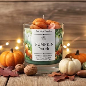 Puede incluir: Una vela de vidrio con temática de campo de calabazas. La vela tiene una etiqueta blanca con las palabras "Pumpkin Patch" y "Soy Wax Candle". La vela está rodeada de pequeñas calabazas, nueces y hojas de otoño.