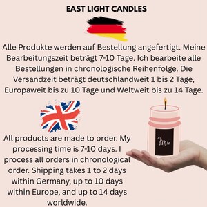 Pu&ograve; includere: Una candela in un barattolo rosa con un'etichetta nera che dice "mm". La candela &egrave; tenuta in una mano. Il testo sull'immagine dice "Tutti i prodotti sono realizzati su ordinazione. Il mio tempo di elaborazione &egrave; di 7-10 giorni. Elaboro tutti gli ordini in ordine cronologico. La spedizione richiede da 1 a 2 giorni in Germania, fino a 10 giorni in Europa e fino a 14 giorni in tutto il mondo."
