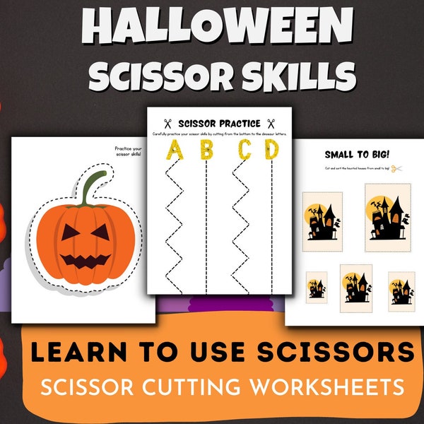 Halloween Scissor Skills Printable Activities, Preschool and Toddler Cutting Practice Worksheets, Fine Motor Activity, Homeschool Printables
