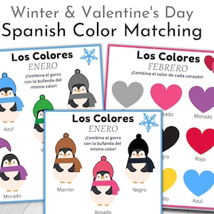Spanish Valentines & Winter Color Learning Activities, Printable Preschool Toddler Worksheets, 2 3 4 year old Montessori Bilingual Classroom