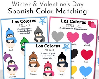 Spanish Valentines & Winter Color Learning Activities, Printable Preschool Toddler Worksheets, 2 3 4 year old Montessori Bilingual Classroom
