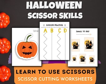Halloween Scissor Skills Printable Activities, Preschool and Toddler Cutting Practice Worksheets, Fine Motor Activity, Homeschool Printables