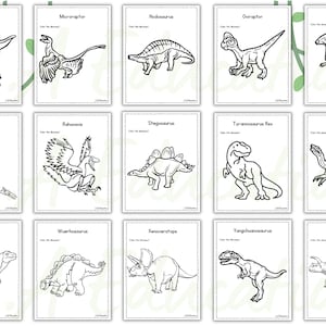 May include: A printable coloring page featuring 15 different dinosaurs, including a Tyrannosaurus Rex, Stegosaurus, and Velociraptor. Each dinosaur is outlined in black and white, ready to be colored in.