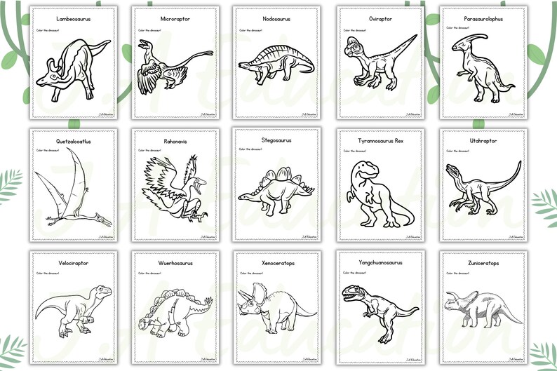 May include: A printable coloring page featuring 15 different dinosaurs, including a Tyrannosaurus Rex, Stegosaurus, and Velociraptor. Each dinosaur is outlined in black and white, ready to be colored in.