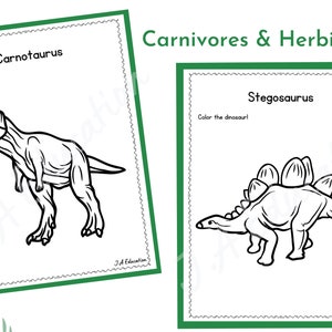 May include: Black and white coloring pages featuring a Carnotaurus and a Stegosaurus dinosaur. The pages include the text "Carnotaurus" and "Stegosaurus" and the instruction "Color the dinosaur!"