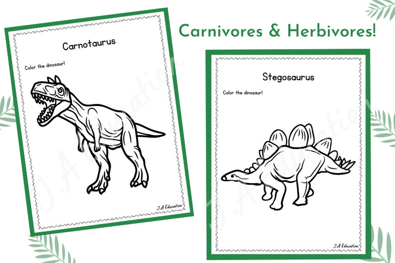 May include: Black and white coloring pages featuring a Carnotaurus and a Stegosaurus dinosaur. The pages include the text "Carnotaurus" and "Stegosaurus" and the instruction "Color the dinosaur!"