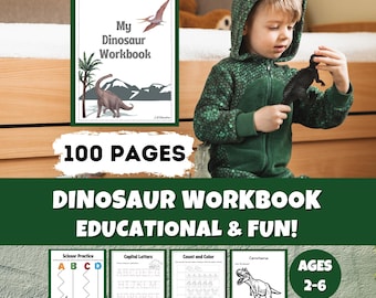 Dinosaur Printable Workbook, Digital Preschool Learning Activities, Fine Motor Scissor Skills, Homeschool Tracing & Cutting, Dino Busy Book