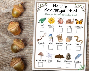 Nature Scavenger Hunt for Kids, Printable Watercolor Hiking Trail Fun, Camping or Woodland Birthday Party Game, Spring or Summer Nature Walk