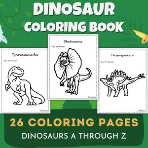 May include: A black and white coloring book featuring 26 dinosaur illustrations. The cover shows three dinosaurs: Tyrannosaurus Rex, Dilophosaurus, and Huayangosaurus. The title of the book is "Dinosaur Coloring Book" and the subtitle is "26 Coloring Pages Dinosaurs A Through Z".