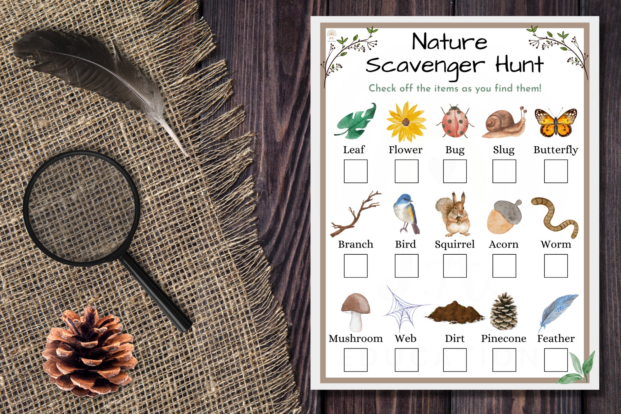 Nature Scavenger Hunt for Kids Printable Watercolor Hiking | Etsy