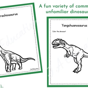 May include: Two black and white dinosaur coloring pages. The first page features a Brachiosaurus, a long-necked dinosaur. The second page features a Yangchuanosaurus, a theropod dinosaur. Both pages have the text "Color the dinosaur!" and "JA Education" at the bottom.