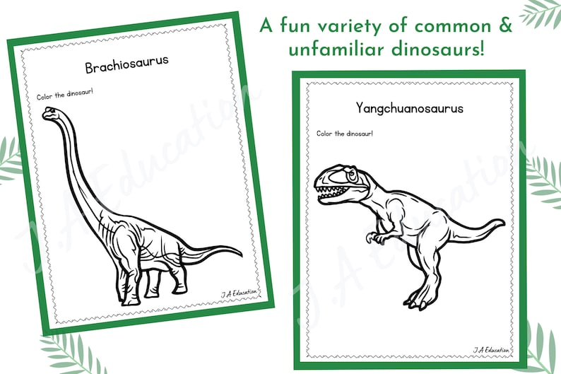 May include: Two black and white dinosaur coloring pages. The first page features a Brachiosaurus, a long-necked dinosaur. The second page features a Yangchuanosaurus, a theropod dinosaur. Both pages have the text "Color the dinosaur!" and "JA Education" at the bottom.