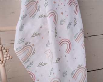 Rainbow Muslin Swaddle Blanket, Organic Baby Muslin Swaddle, Cotton Gauze, Large 120cm