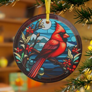 Red Cardinal Bird Berry Stained Glass Christmas Tree Ornament Christmas Decoration Christmas Gift Bird Lover Gift Christmas Bird Ornament