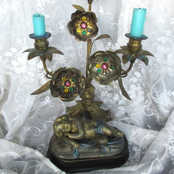 Vintage SET French altar candlestick candlestick old candelabra Shabby Boho Boudoir rarity antique candlestick with flower angel