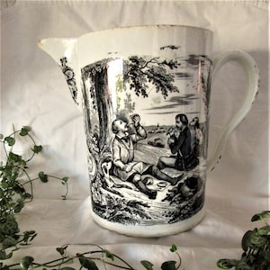 Antik Transferware Kanne Krug Henkelkrug Steinzeug Shabby Cottage Landhaus Country Farm Keramik Porzellan Jagd Vintage Boho Boudoir Home